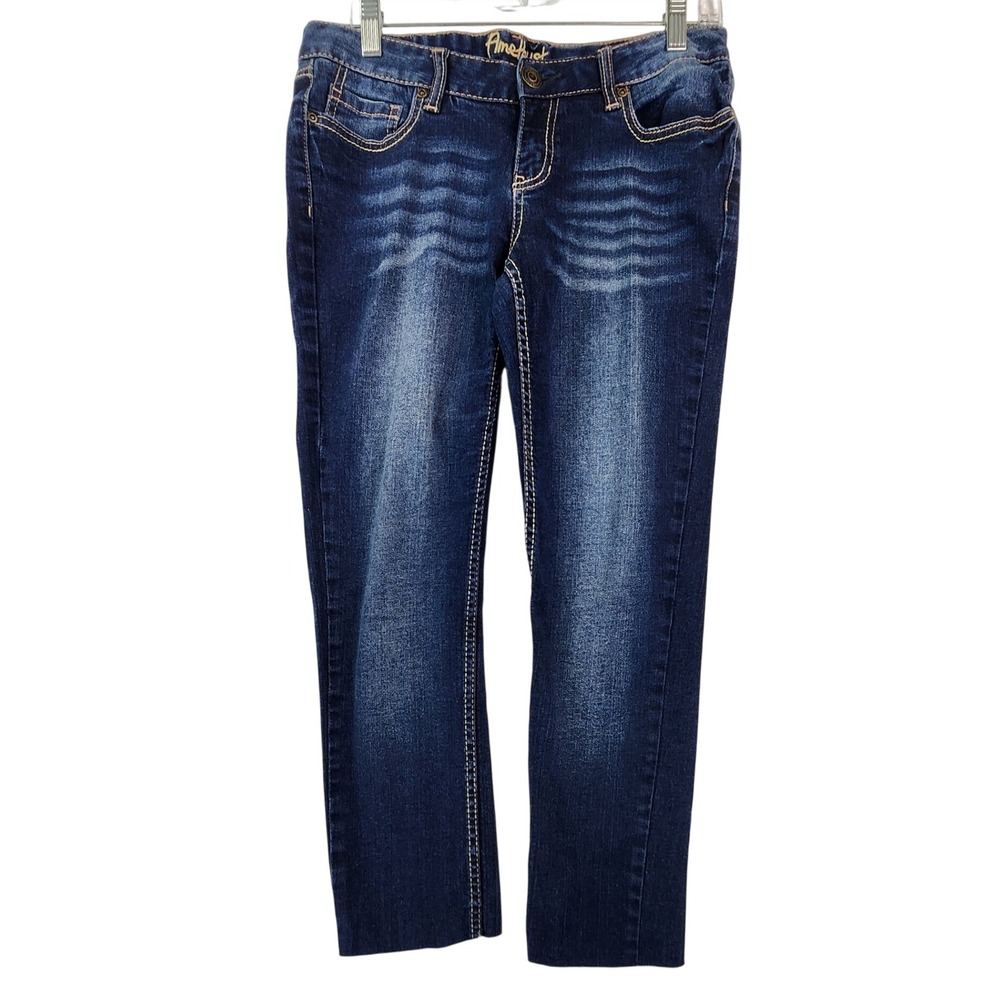 Amethyst Size 7 Blue Skinny Jeans Y2K McBling Distressed Raw Hem Whiskered Denim